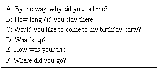 ı: A: By the way, why did you call me?
B: How long did you stay there?
C: Would you like to come to my birthday party?
D: Whats up?
E: How was your trip?
F: Where did you go?
