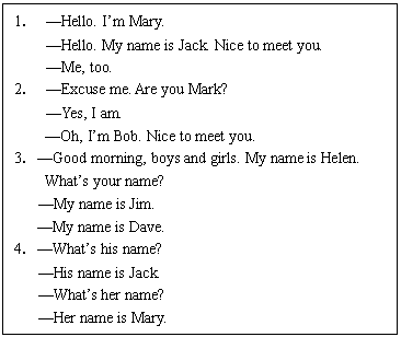 ı: 1 Hello. Im Mary.
    Hello. My name is Jack. Nice to meet you.
    Me, too.
2 Excuse me. Are you Mark?
    Yes, I am.
Oh, Im Bob. Nice to meet you.
3Good morning, boys and girls. My name is Helen.
Whats your name?
   My name is Jim.
My name is Dave.
4Whats his name?
   His name is Jack.
   Whats her name?
   Her name is Mary.

