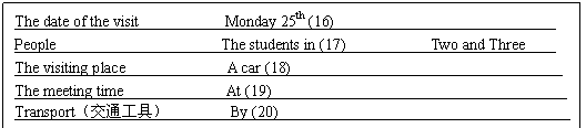 文本框: The date of the visit Monday 25th (16) ____________________________
<a href='/Yingyu/' target='_blank' class='infotextkey'>People</a> The students in (17)___________Two and Three____
The visiting place A car (18)___________________________________
The meeting time At (19)______________________________________
Transport(交通工具) By (20)_____________ ________________________